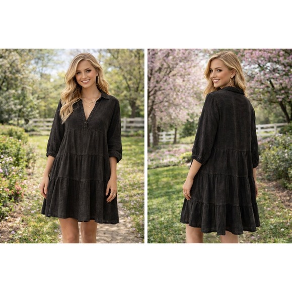Dresses & Skirts - Umgee Boho Beachy Tiered Gauze Dress Mineral Wash Black Raw Edge Fringe Medium